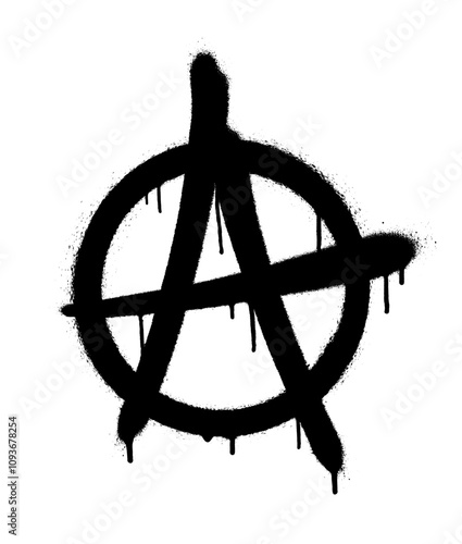 Sprayed anarchy symbol with overspray in black over white. Vector illustration.