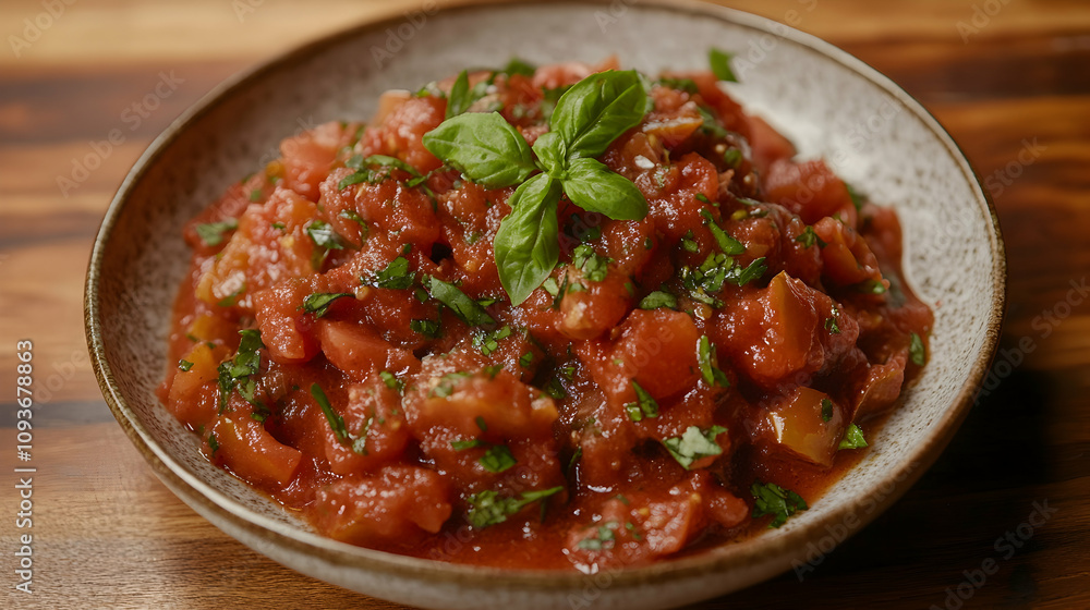 Rich and vibrant tomato sauce napoletana with fresh Italian tomatoes, garlic, and herbs, Italian cuisine.illustration Rich and vibrant tomato sauce napoletana with fresh Italian tomatoes, garlic, and herbs, Italian cuisine.illustration