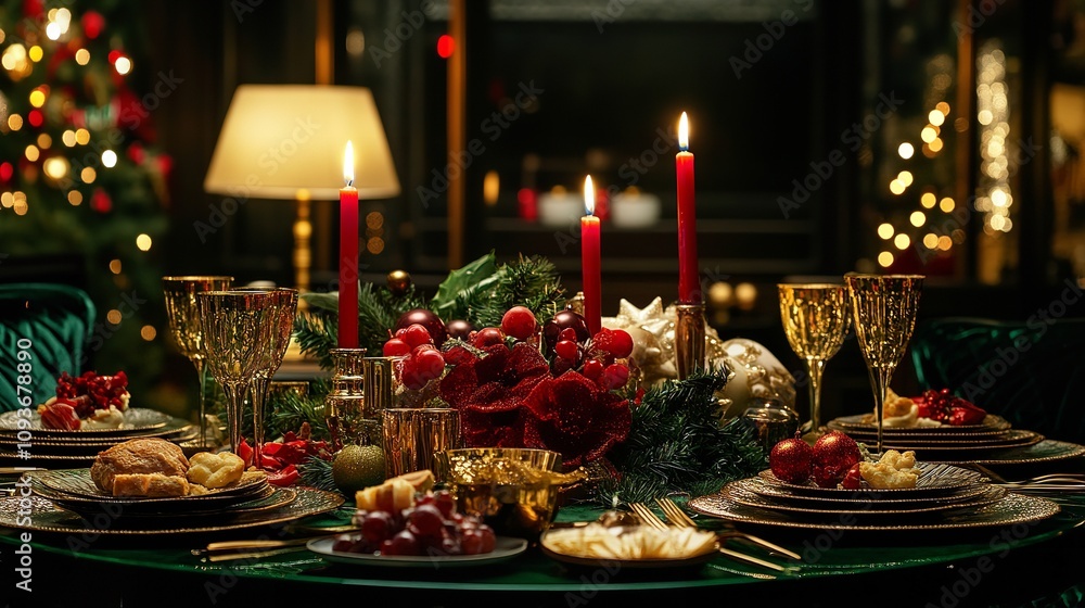 Festive Christmas Dinner Table with Red and Green Decor, Elegant Candles, and Holiday Foods Festive Christmas Dinner Table with Red and Green Decor, Elegant Candles, and Holiday Foods