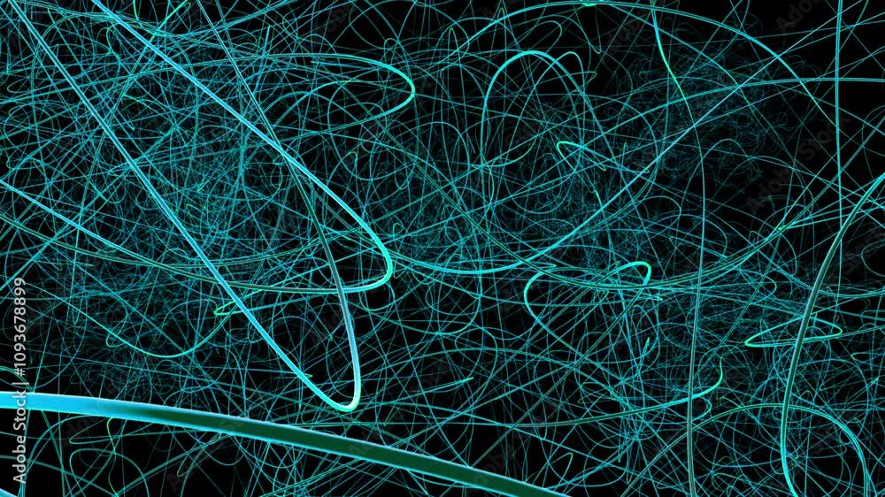 Computer animation of abstract blue artificial neural network pattern.
Glowing cyan lines interweaving on black background creating a complex network pattern. 
