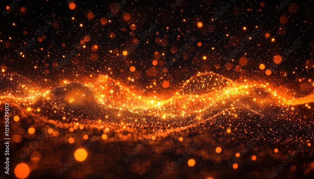 Fototapeta premium Abstract Glittering Orange and Gold Light Wave with Bokeh
