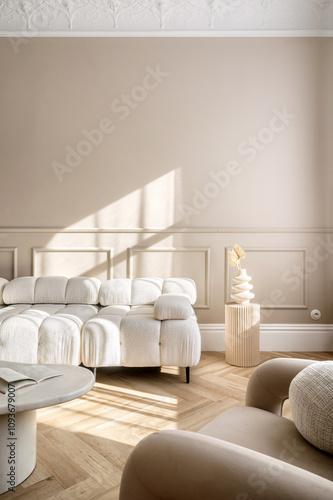 Modern living room design with cozy furniture and natural light