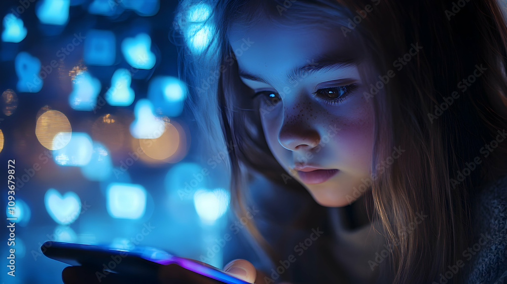 Young girl using smartphone with social media icons displayed on screen.4k image Young girl using smartphone with social media icons displayed on screen.4k image