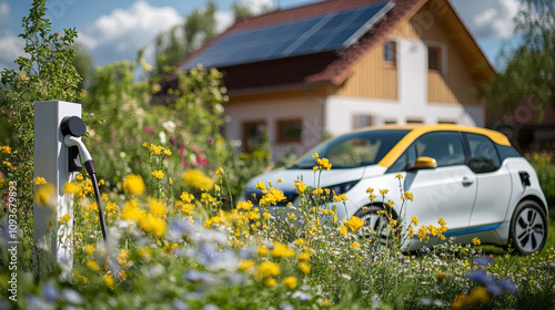 photo d'une voiture électrique en charge, en arrière-plan une maison équipée de panneaux solaires sur le toit