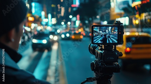 Photographer Captures Vibrant City Scene at Night with Camera Focused on Busy Intersection and Blurred Traffic Lights in Background