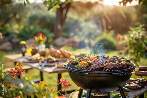 Lively Gathering with Loved Ones: Enjoying a Summer BBQ Picnic in a Sunny Garden