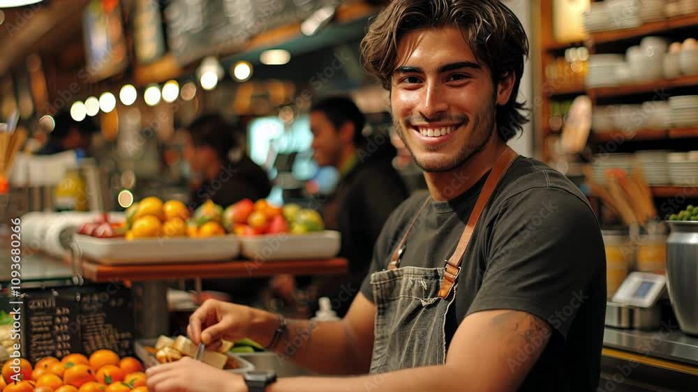 A genial young man working as a cashier in a bustling cafe, his amiable expression and casual attire contributing to the warm and friendly ambiance of the eatery. A genial young man working as a cashier in a bustling cafe, his amiable expression and casual attire contributing to the warm and friendly ambiance of the eatery.