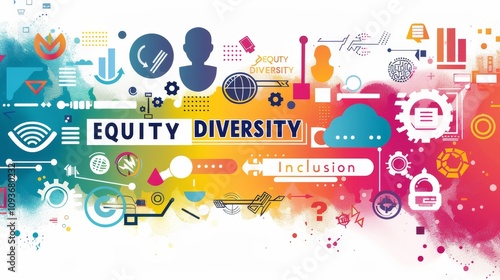 An impactful digital design featuring the words DIVERSITY EQUITY Inclusion arranged in a bold and dynamic layout, The words are surrounded by a diverse array of symbols and icons