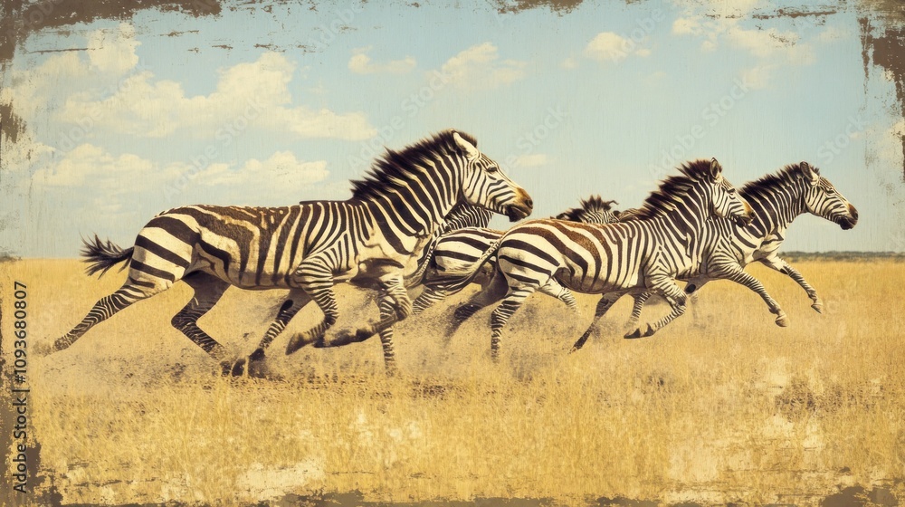 Fototapeta premium Vintage Zebras in the African Savanna: A Stunning Display of Wild Equine Grace