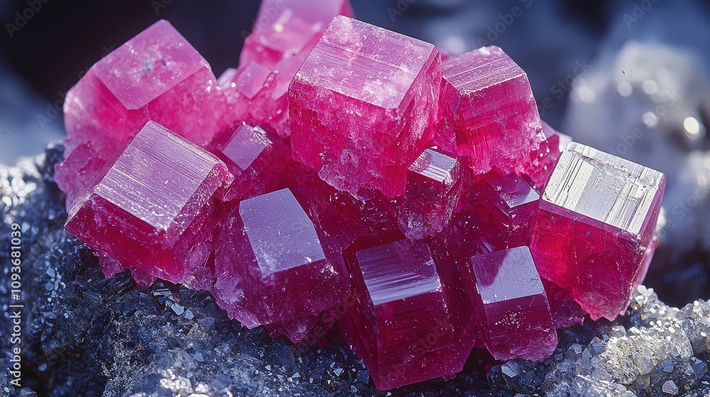 Vibrant red rhodochrosite crystals on rugged mineral base in natural light Vibrant red rhodochrosite crystals on rugged mineral base in natural light
