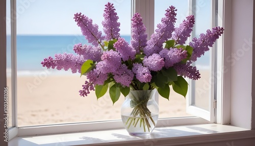 A bouquet of purple lilac flowers in a vase on a windowsill, with a blurred beach scene