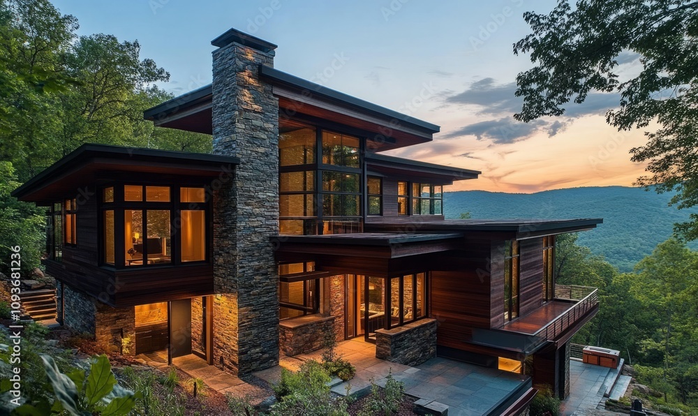 A modern architectural home nestled in the mountains, blending sleek design with nature's tranquility for a perfect retreat A modern architectural home nestled in the mountains, blending sleek design with nature's tranquility for a perfect retreat