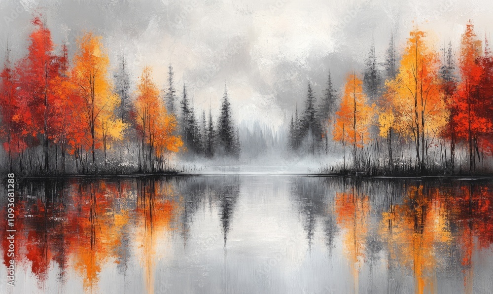 A serene lake reflects the changing seasons with trees in red, orange, yellow, and grey hues. The mist adds a mysterious touch to the tranquil scene A serene lake reflects the changing seasons with trees in red, orange, yellow, and grey hues. The mist adds a mysterious touch to the tranquil scene