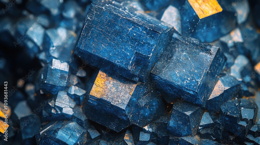 Macro view of shiny blue crystals with golden flecks Macro view of shiny blue crystals with golden flecks