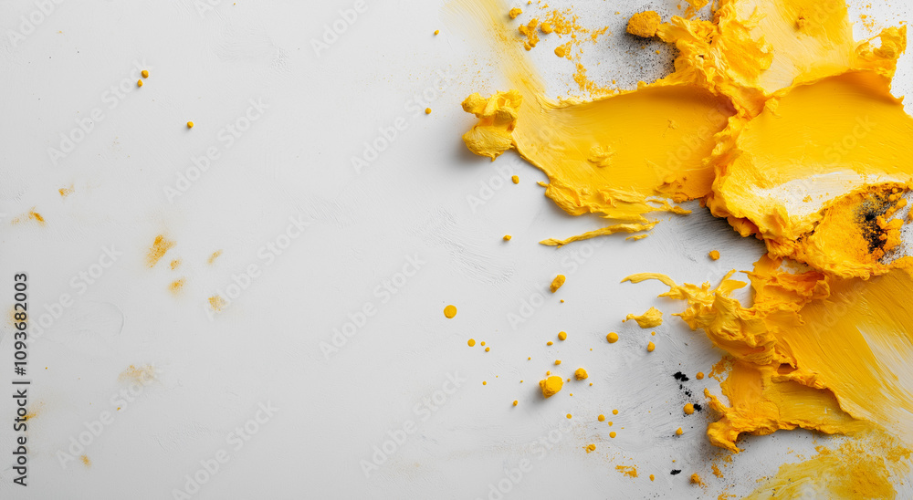 A yellow blob of paint is splattered across a white background A yellow blob of paint is splattered across a white background