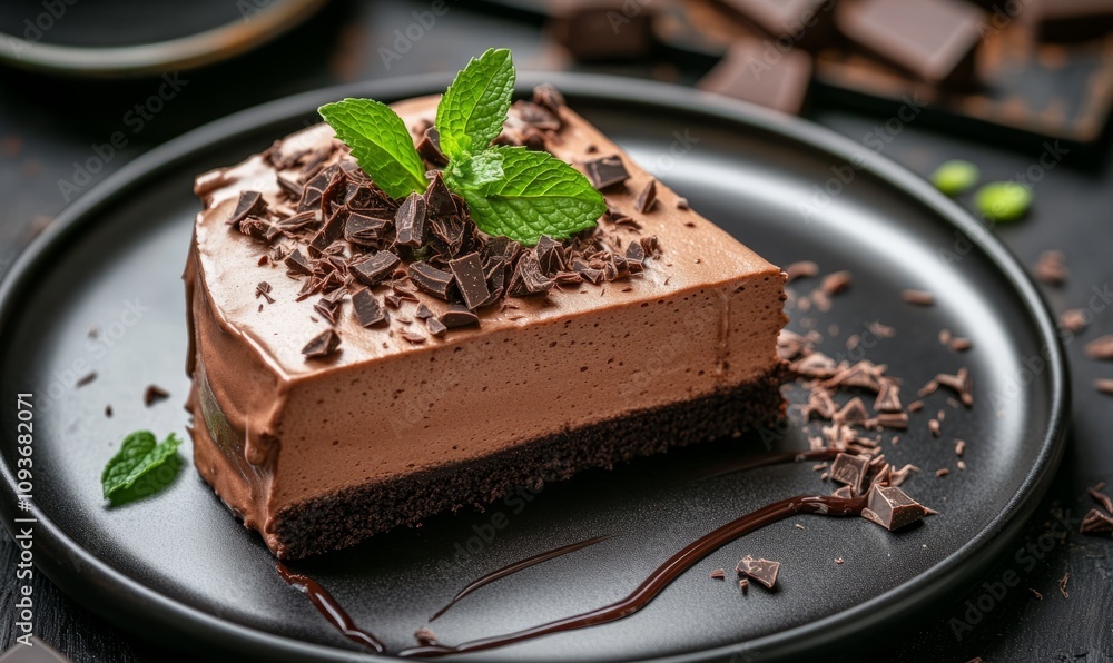 A single serving of chocolate mousse cake on a black plate with a sprig of mint, garnished with chocolate shavings and a drizzle of chocolate sauce A single serving of chocolate mousse cake on a black plate with a sprig of mint, garnished with chocolate shavings and a drizzle of chocolate sauce