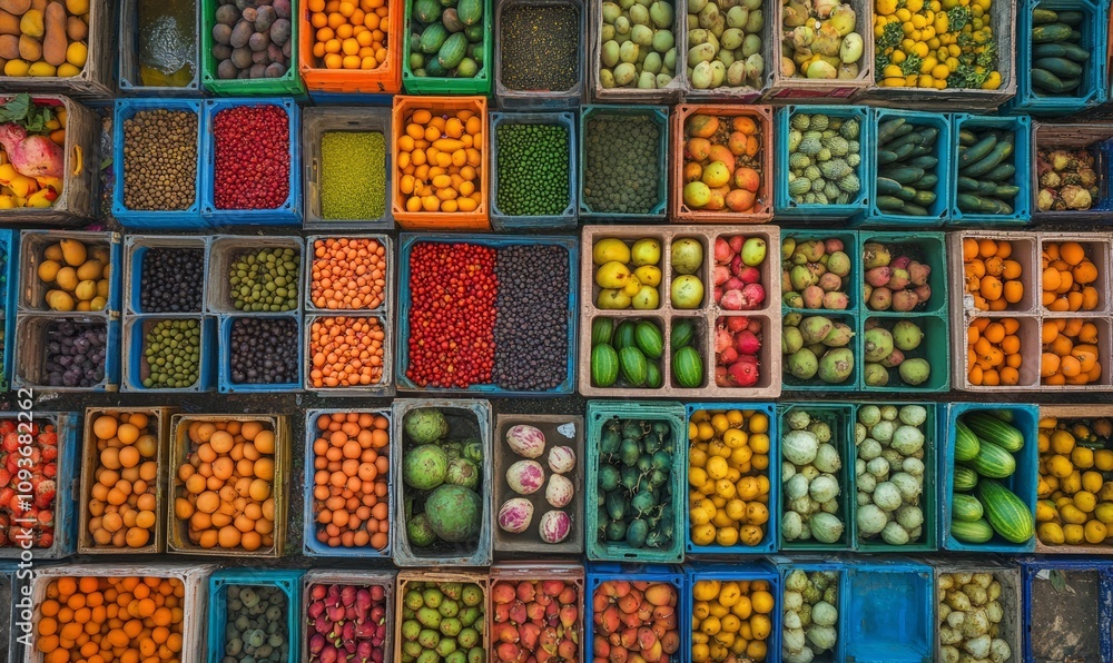 An aerial view of a colorful fruit and vegetable market with crates of produce arranged in a grid pattern An aerial view of a colorful fruit and vegetable market with crates of produce arranged in a grid pattern
