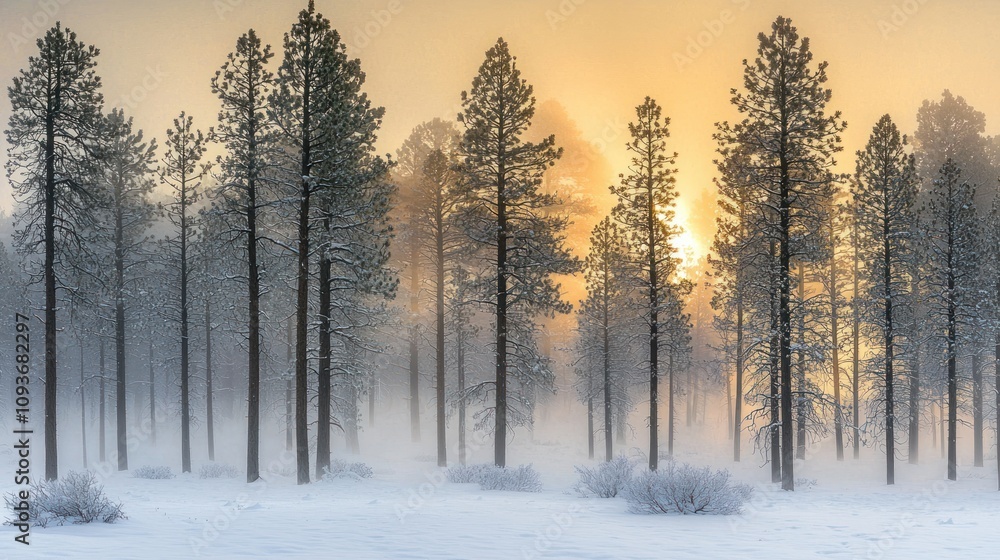 Sunbeams Breaking Through Fog in a Snowy Pine Forest Sunbeams Breaking Through Fog in a Snowy Pine Forest