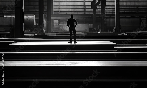 A lone worker in an industrial steel fabrication plant, standing on a large steel plate with rows of steel beams in the background