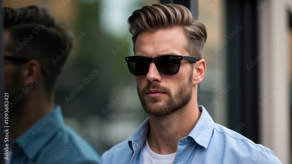 A trendy man sporting a neat small beard styles, sunglasses, and a crisp white shirt in a city setting. A trendy man sporting a neat small beard styles, sunglasses, and a crisp white shirt in a city setting.