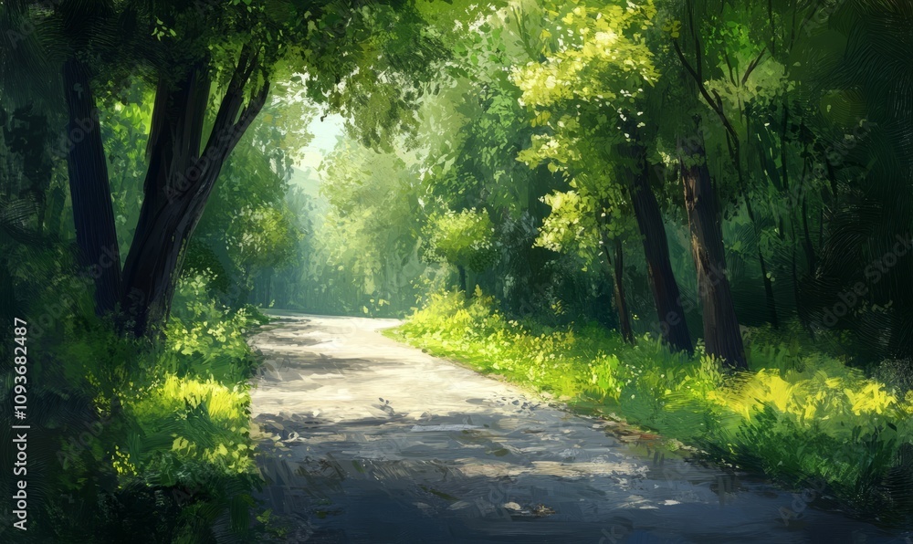A long, peaceful road through a lush green forest on a sunny day. A long, peaceful road through a lush green forest on a sunny day.
