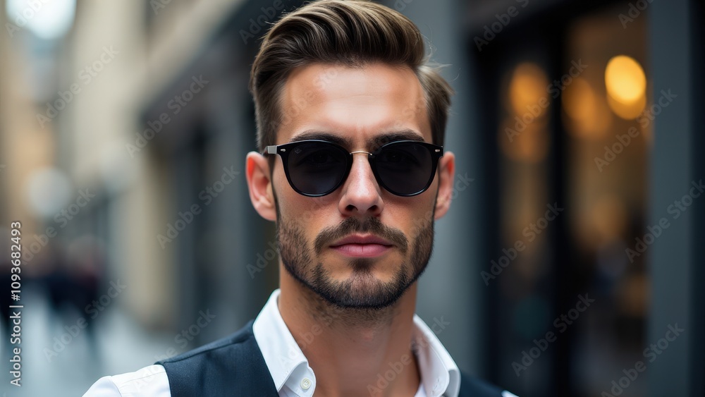 A close-up of a man with a clean small beard styles, sunglasses, and an urban background for a modern, polished look. A close-up of a man with a clean small beard styles, sunglasses, and an urban background for a modern, polished look.