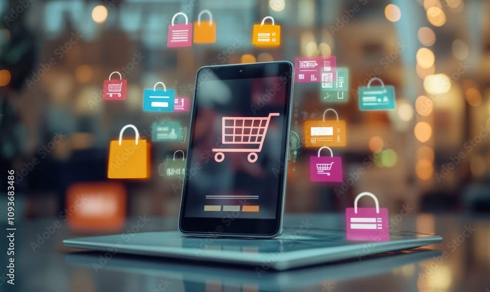 A modern and vibrant online shopping scene, featuring a smartphone or laptop displaying a shopping cart on the screen, surrounded by floating digital icons of shopping bags, credit cards, price tags A modern and vibrant online shopping scene, featuring a smartphone or laptop displaying a shopping cart on the screen, surrounded by floating digital icons of shopping bags, credit cards, price tags