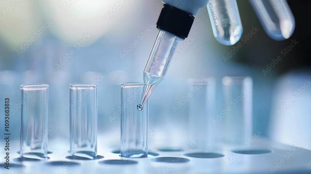 Droplet of liquid being dispensed into a test tube from a pipette Droplet of liquid being dispensed into a test tube from a pipette