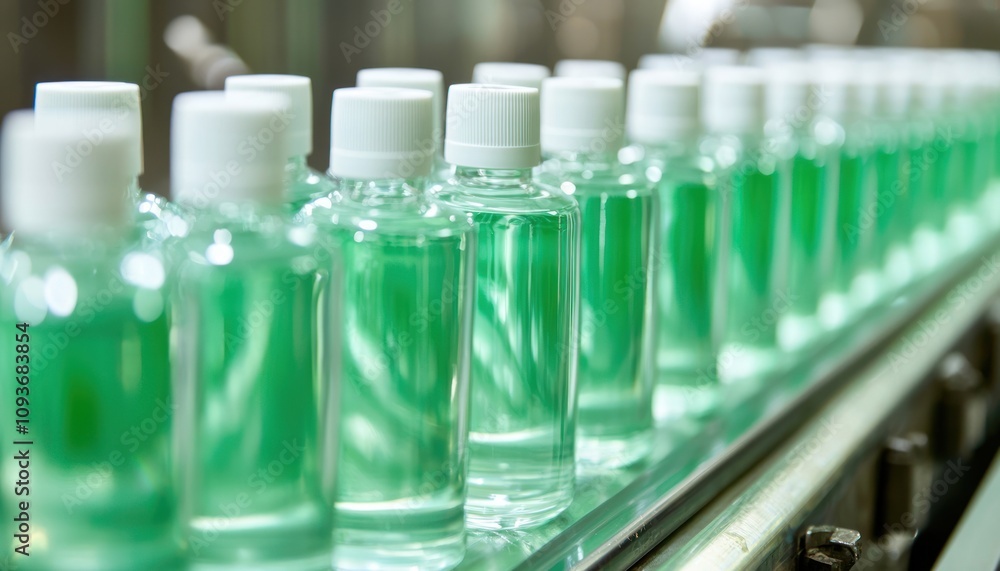 Rows of Glass Bottles Filled with Green Liquid on a Conveyor Belt Rows of Glass Bottles Filled with Green Liquid on a Conveyor Belt