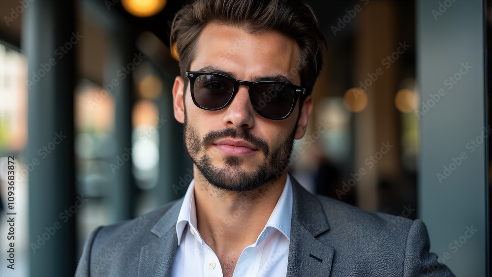 A stylish man with a trendy small beard styles, paired with sleek sunglasses and a modern shirt. A stylish man with a trendy small beard styles, paired with sleek sunglasses and a modern shirt.