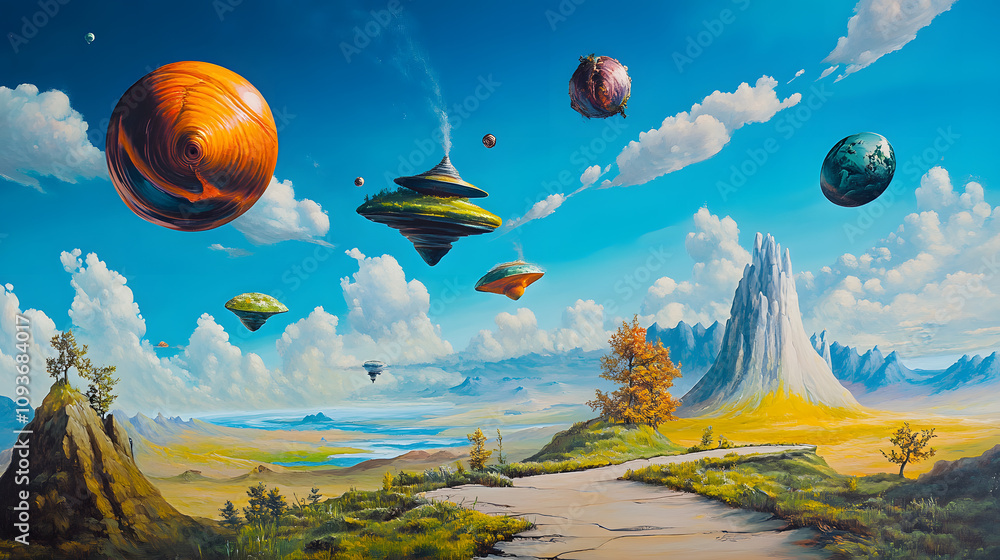 Fototapeta premium A modern surrealist painting featuring floating objects in a dreamlike landscape.