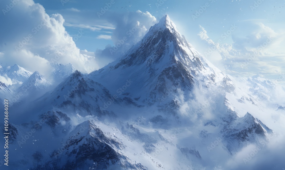 A towering mountain covered in snow with dense clouds swirling around, evoking a sense of grandeur and isolation A towering mountain covered in snow with dense clouds swirling around, evoking a sense of grandeur and isolation