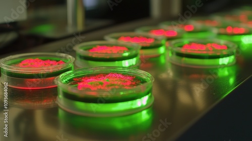 Wallpaper Mural Closeup of Multiple Petri Dishes with Red and Green Contents in a Laboratory Setting Torontodigital.ca