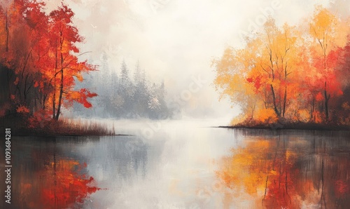 A serene lake reflects the changing seasons with trees in red, orange, yellow, and grey hues. The mist adds a mysterious touch to the tranquil scene