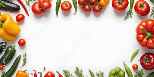 Assorted fresh vegetables including tomatoes, cucumbers, bell peppers, and rosemary sprigs arranged on a white background