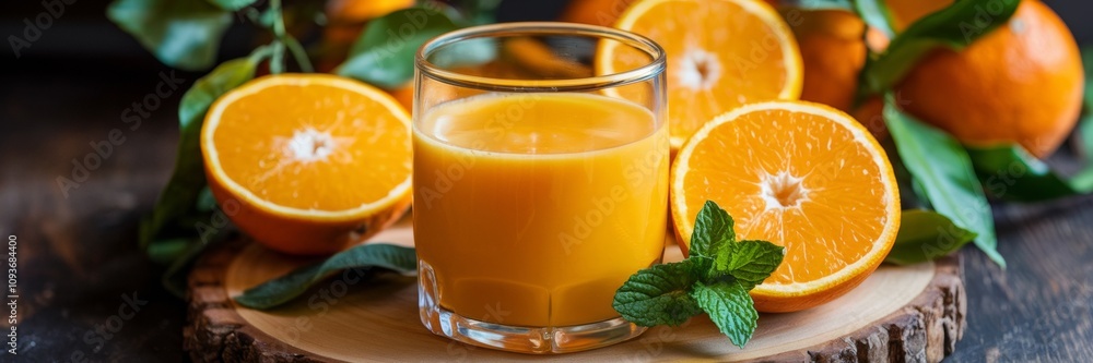 A banner with a glass of freshly squeezed orange juice placed on a wooden board. Oranges cut in half next to the glass. Green leaves and a sprig of mint add a touch of freshness to the dish. A banner with a glass of freshly squeezed orange juice placed on a wooden board. Oranges cut in half next to the glass. Green leaves and a sprig of mint add a touch of freshness to the dish.