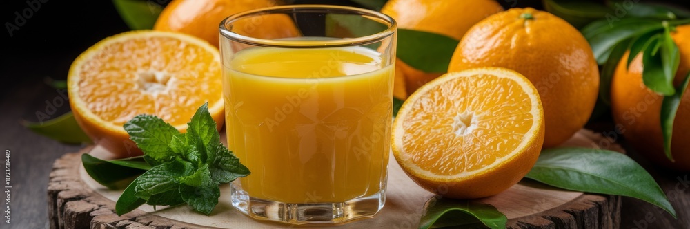 A banner with a glass of freshly squeezed orange juice placed on a wooden board. Oranges cut in half next to the glass. Green leaves and a sprig of mint add a touch of freshness to the dish. A banner with a glass of freshly squeezed orange juice placed on a wooden board. Oranges cut in half next to the glass. Green leaves and a sprig of mint add a touch of freshness to the dish.