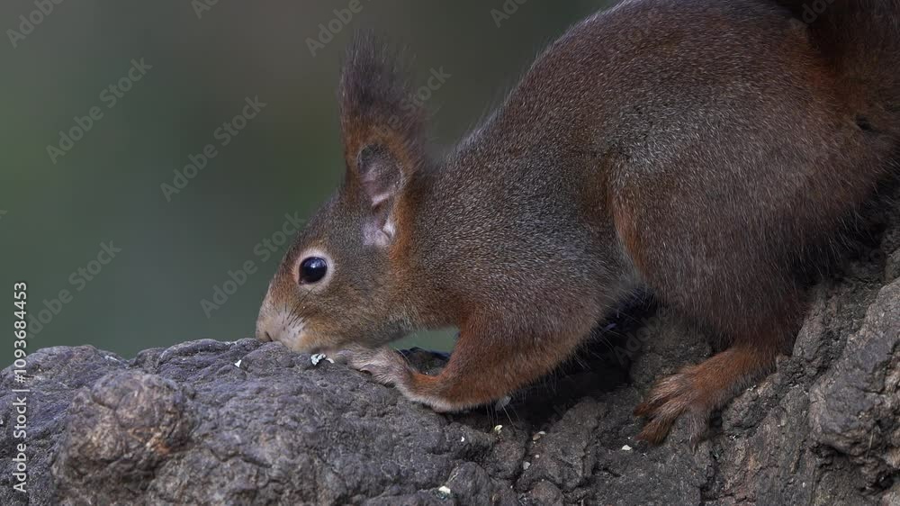 A red squirrel (Sciurus vulgaris) eating seeds on a tree A red squirrel (Sciurus vulgaris) eating seeds on a tree