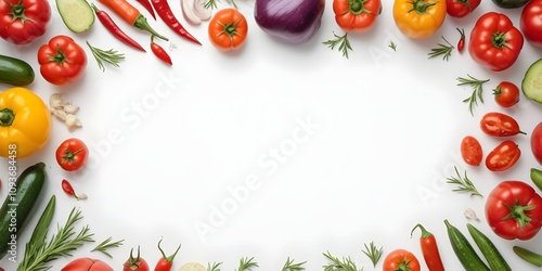 Assorted fresh vegetables including tomatoes, cucumbers, bell peppers, and rosemary sprigs arranged on a white background