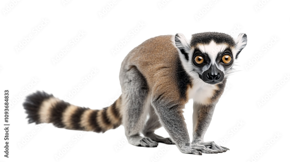 Fototapeta premium A curious lemur with a long striped tail isolated on a transparent background, PNG