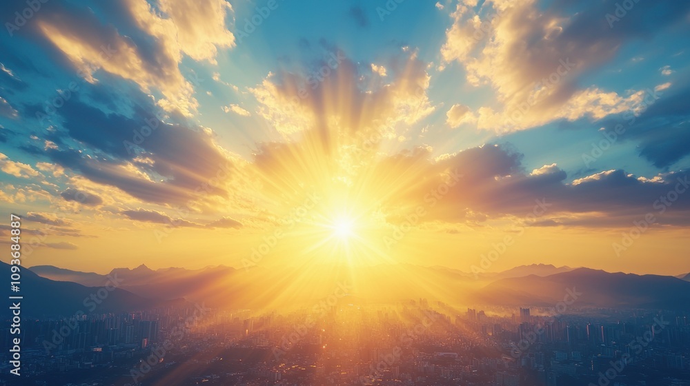 Golden Sunset Rays Over a City Skyline with Mountains in the Distance Golden Sunset Rays Over a City Skyline with Mountains in the Distance