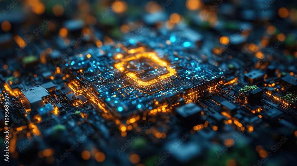 Explore the intricate details of a futuristic microchip embedded in a circuit board glowing with vibrant lights. Generative AI Explore the intricate details of a futuristic microchip embedded in a circuit board glowing with vibrant lights. Generative AI