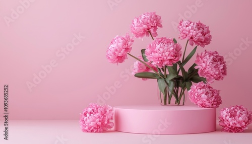 Pink Peonies in a Glass Vase on a Pink Pedestal