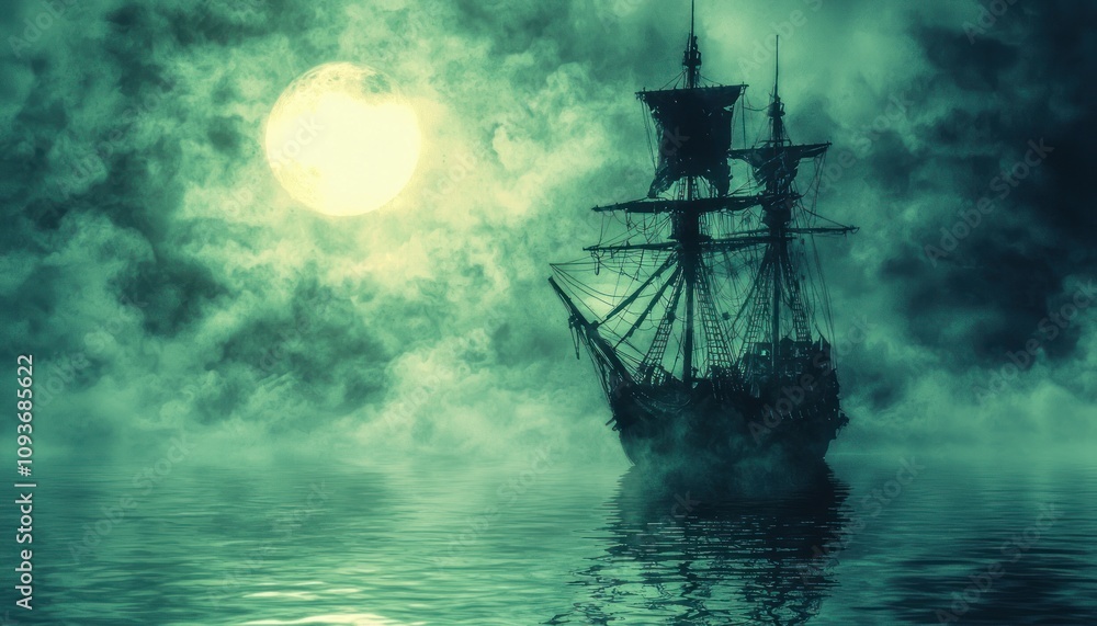 Silhouetted Ship on a Misty Sea under a Full Moon Silhouetted Ship on a Misty Sea under a Full Moon