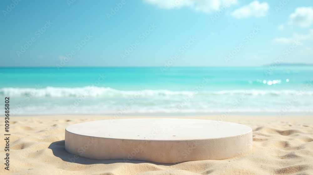 Round Stone Podium on Sandy Seashore Round Stone Podium on Sandy Seashore