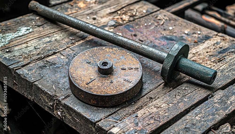 Rusty Metal Rod and Round Disc on Weathered Wooden Surface Rusty Metal Rod and Round Disc on Weathered Wooden Surface