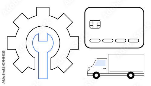 Gear with wrench representing technical services, credit card signifying payment methods, and delivery truck showcasing logistics. Ideal for business operations, maintenance services, e-commerce