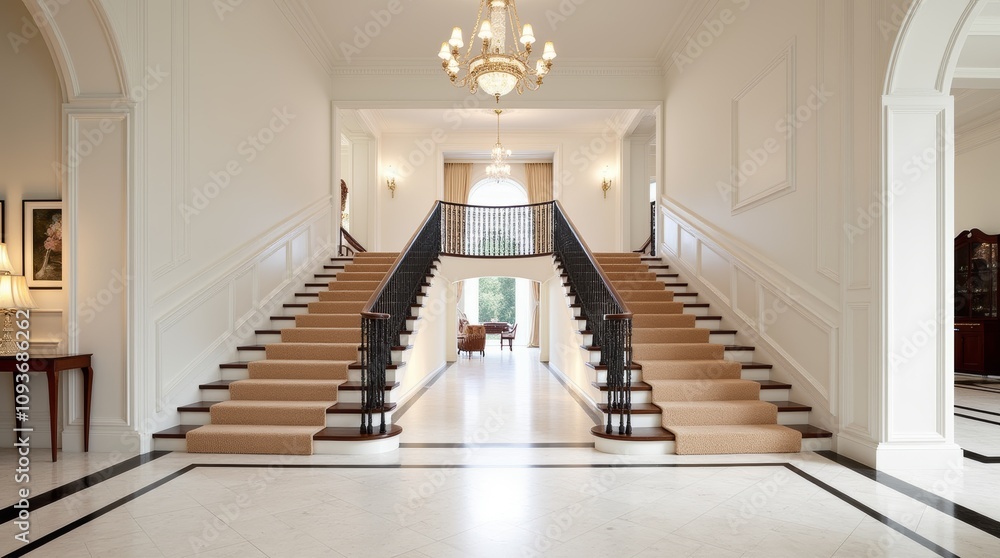Obraz premium Luxurious Mansion Foyer with Two-Way Staircase