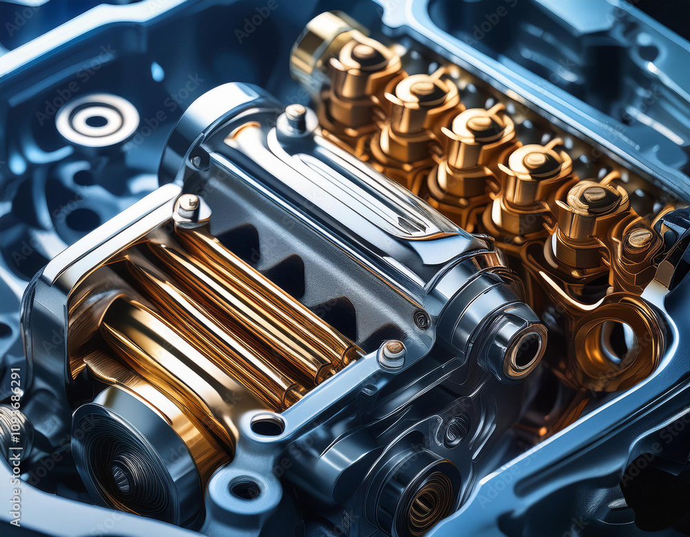 Obraz premium Close-Up of an Engine Component with Focus on Mechanical Details