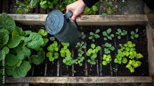 A hand holds a watering can, nourishing young seedlings in a garden bed on a warm spring day, promoting healthy growth. Generative AI photo